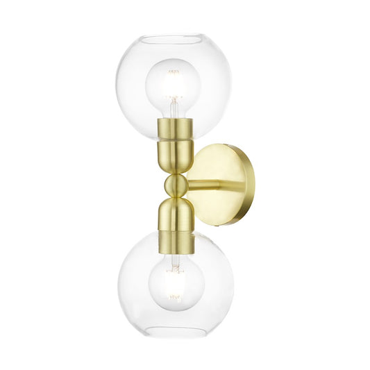 Livex Downtown 2 Light Sphere Vanity Sconce, Satin Brass/Clear