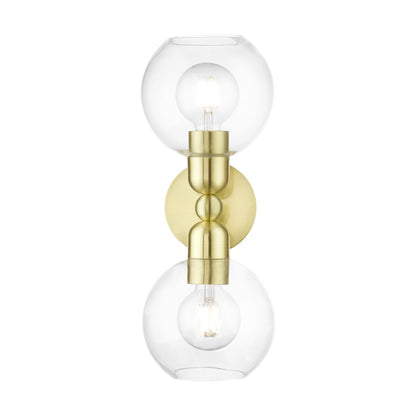 Livex Downtown 2 Light Sphere Vanity Sconce, Satin Brass/Clear