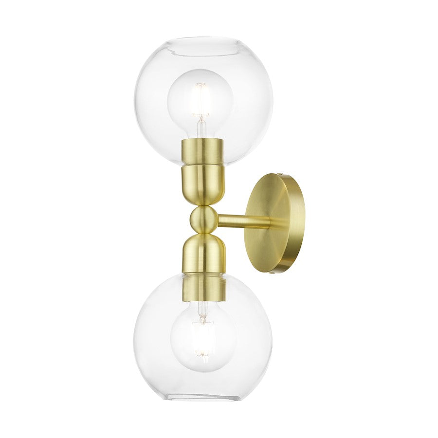 Livex Downtown 2 Light Sphere Vanity Sconce, Satin Brass/Clear