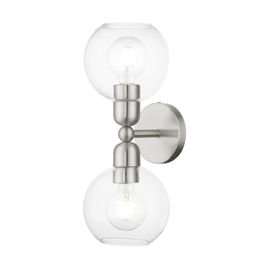 Livex Downtown 2 Light Sphere Vanity Sconce, Brushed Nickel/Clear
