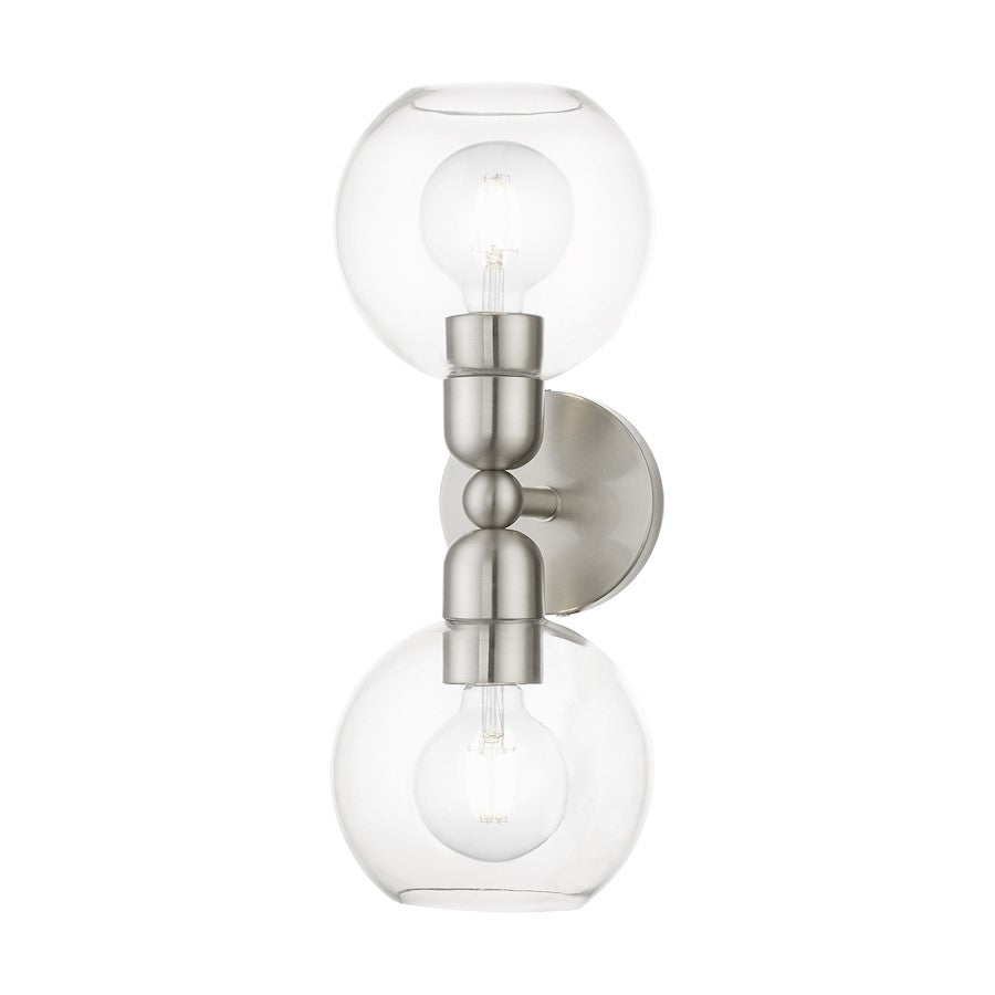 Livex Downtown 2 Light Sphere Vanity Sconce, Brushed Nickel/Clear