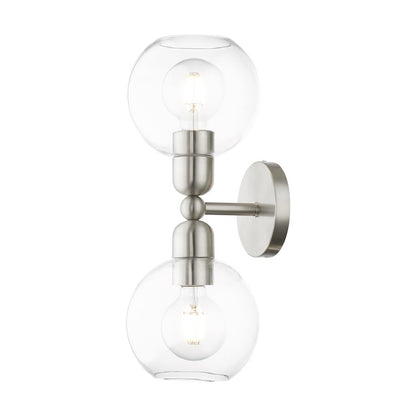 Livex Downtown 2 Light Sphere Vanity Sconce, Brushed Nickel/Clear