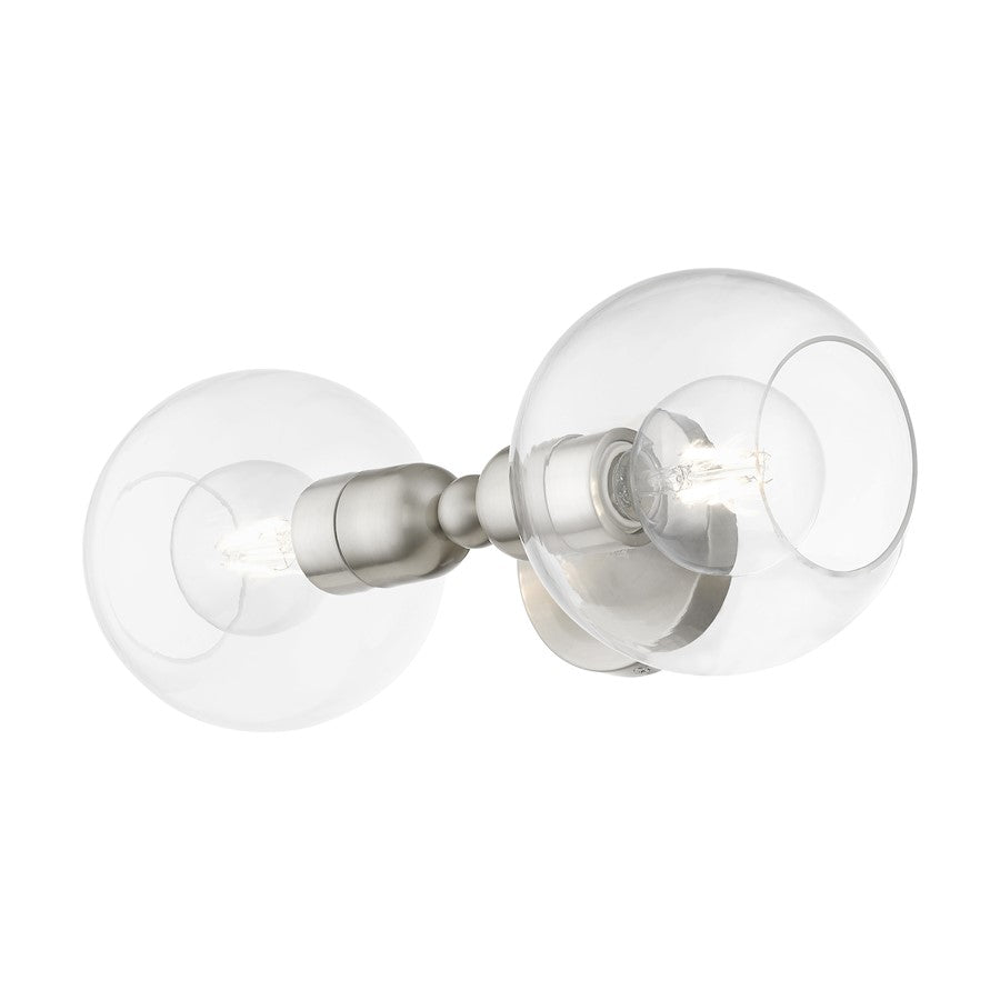 Livex Downtown 2 Light Sphere Vanity Sconce, Brushed Nickel/Clear