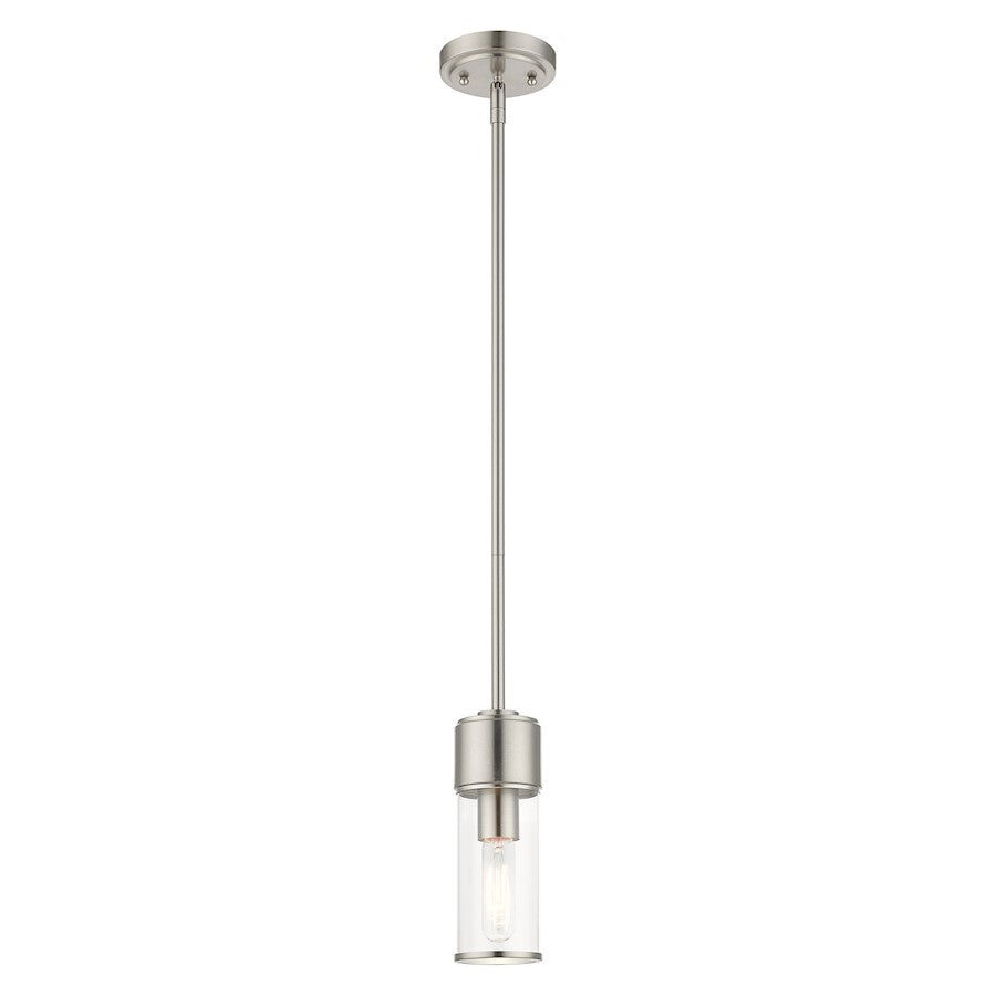 Livex Quincy 1 Light Mini Pendant, Brushed Nickel/Clear Glass