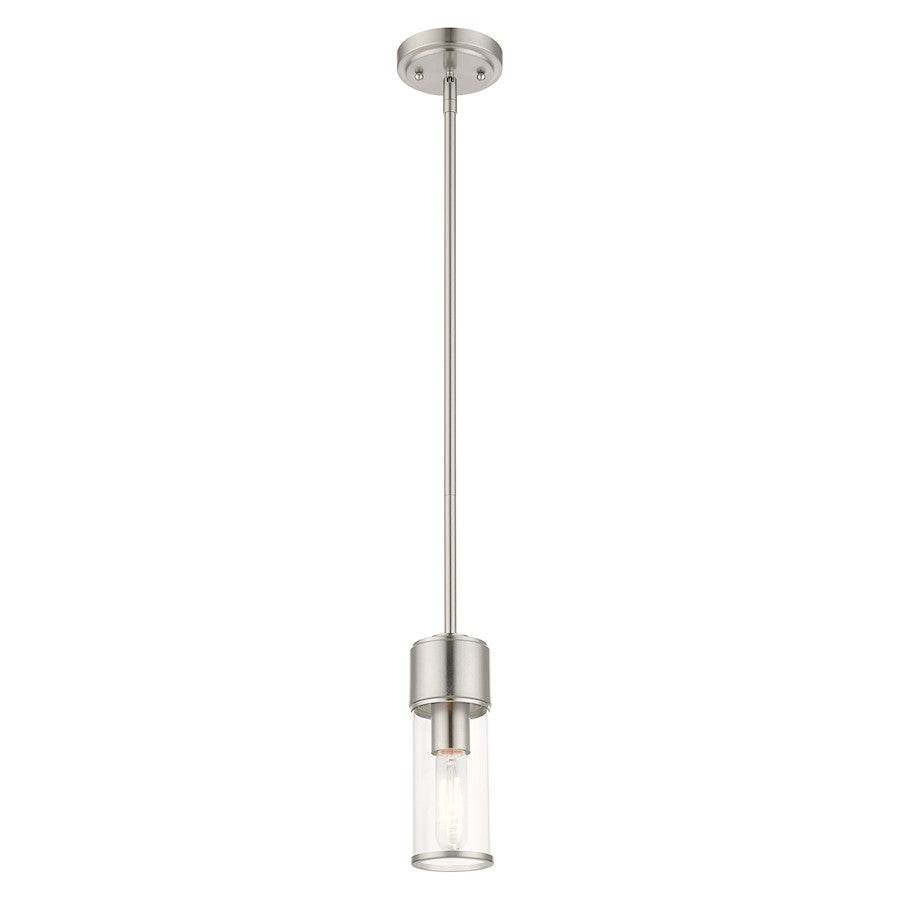 Livex Quincy 1 Light Mini Pendant, Brushed Nickel/Clear Glass