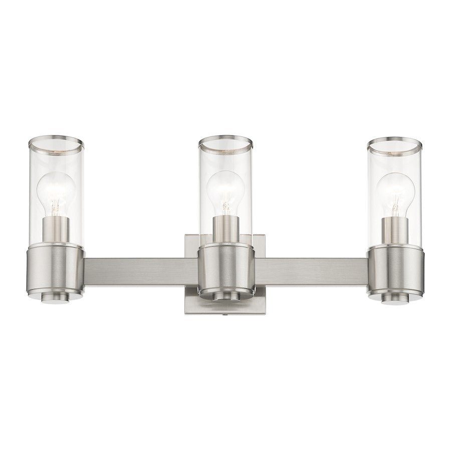 Livex Quincy 3 Light Vanity Sconce, Brushed Nickel/Clear Glass
