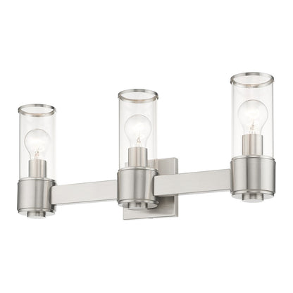 Livex Quincy 3 Light Vanity Sconce, Brushed Nickel/Clear Glass