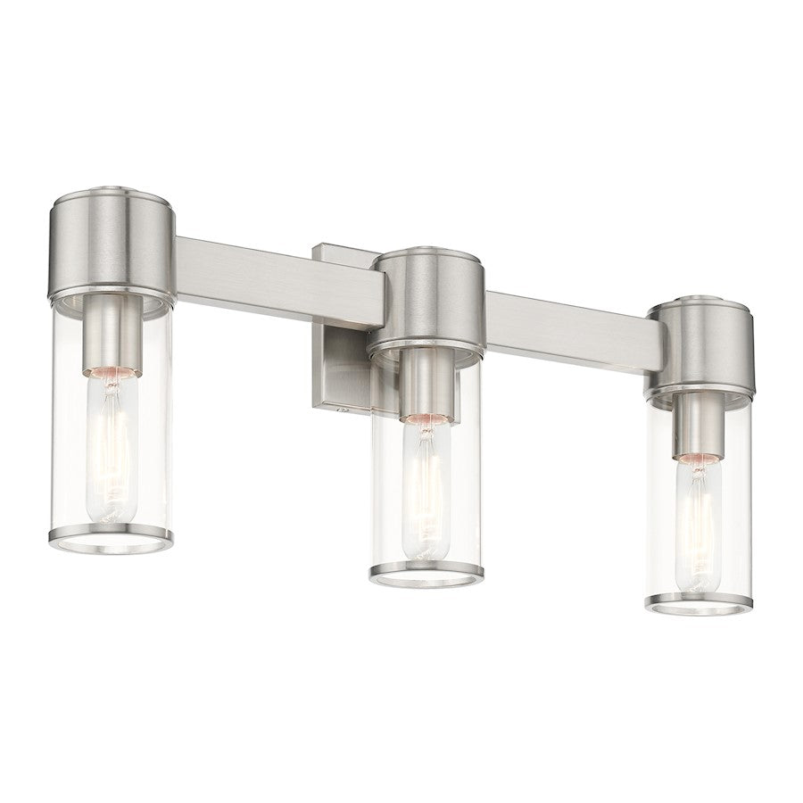 Livex Quincy 3 Light Vanity Sconce, Brushed Nickel/Clear Glass