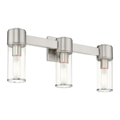 Livex Quincy 3 Light Vanity Sconce, Brushed Nickel/Clear Glass