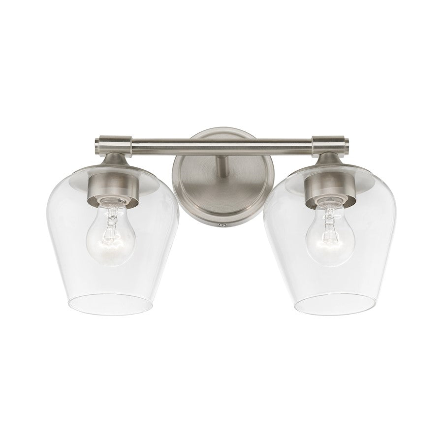 Livex Willow 2 Light Vanity Sconce, Brushed Nickel/Clear