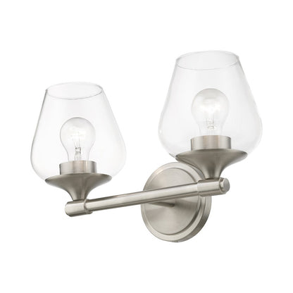 Livex Willow 2 Light Vanity Sconce, Brushed Nickel/Clear