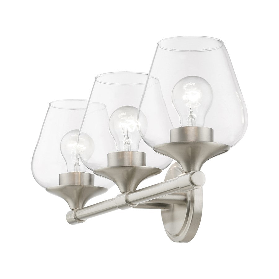 Livex Willow 3 Light Vanity Sconce, Brushed Nickel/Clear
