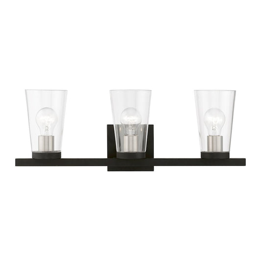 Livex Cityview 3 Light Vanity Sconce, Black/Brushed Nickel/Clear