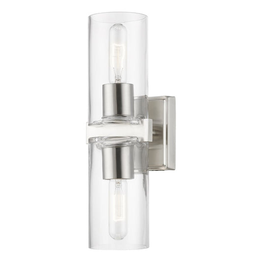 Livex Clarion 2 Light Vanity Sconce, Brushed Nickel/Clear