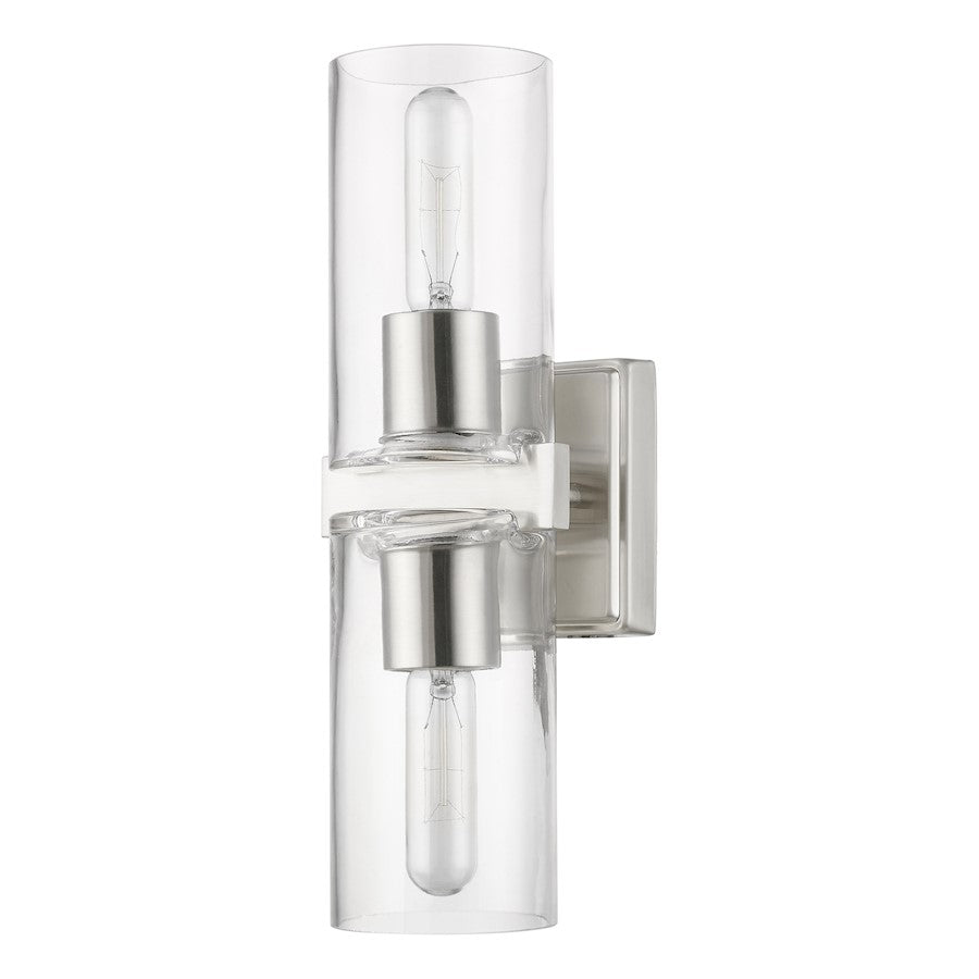 Livex Clarion 2 Light Vanity Sconce, Brushed Nickel/Clear