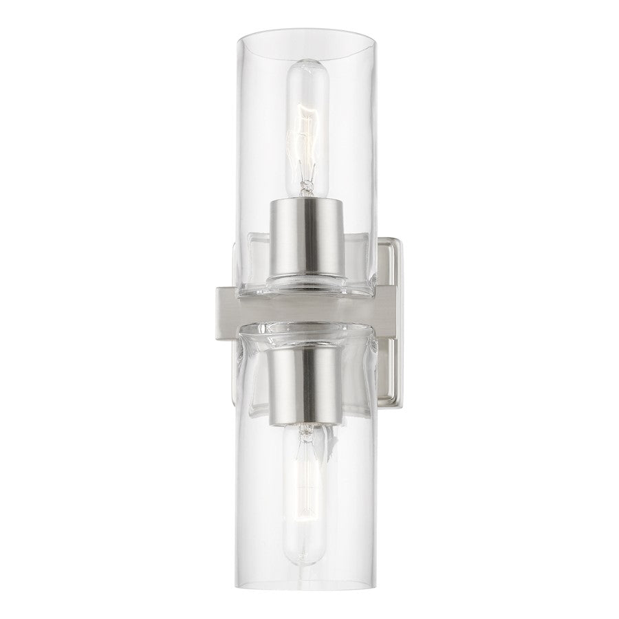 Livex Clarion 2 Light Vanity Sconce, Brushed Nickel/Clear