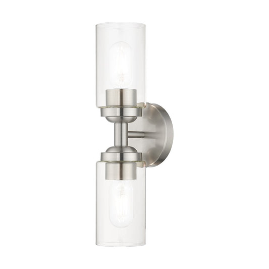 Livex Whittier 2 Light Vanity Sconce, Brushed Nickel/Hand Blown Clear