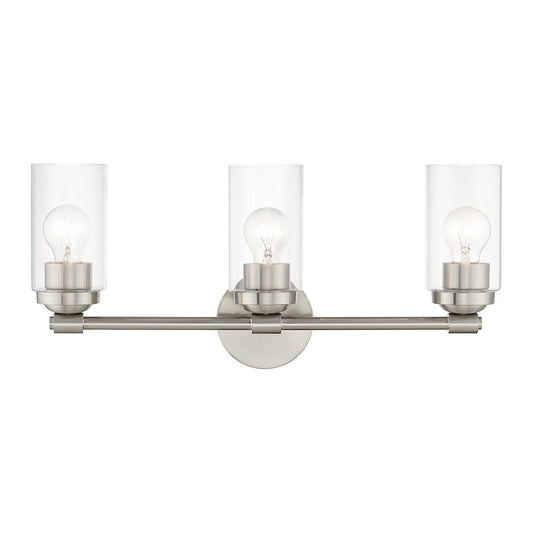Livex Whittier 3 Light Vanity Sconce, Brushed Nickel/Hand Blown Clear