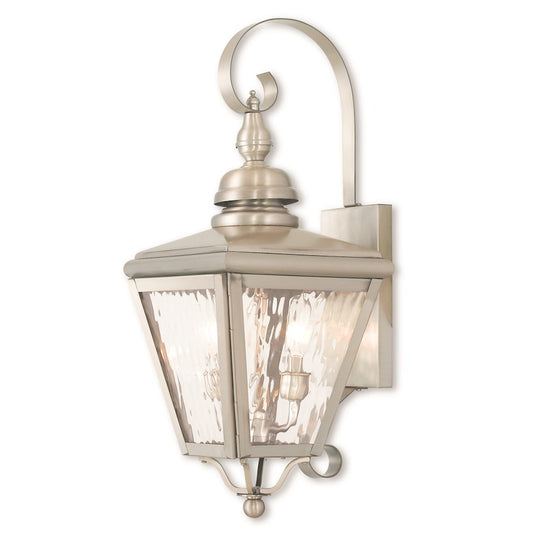Livex Cambridge 2 Light Outdoor Wall Lantern, Nickel/Clear Water Glass