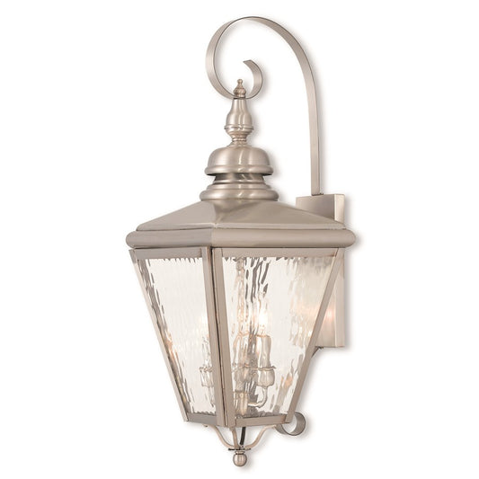 Livex Cambridge 3 Light Outdoor Wall Lantern, Nickel/Clear Water Glass