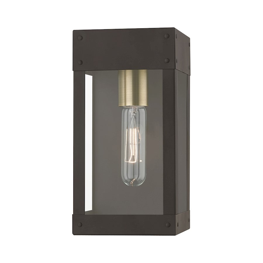 Livex Barrett 1 Light Outdoor 9.75" Wall Lantern, Bronze/Brass/Clear