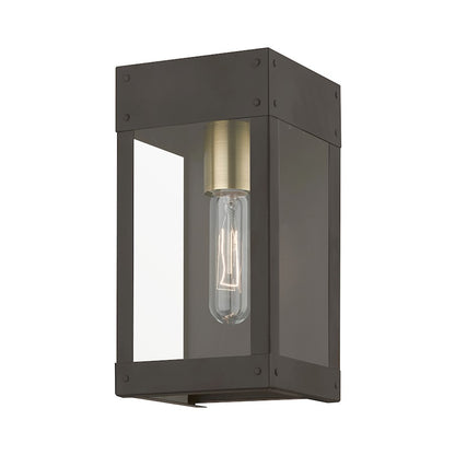 Livex Barrett 1 Light Outdoor 9.75" Wall Lantern, Bronze/Brass/Clear