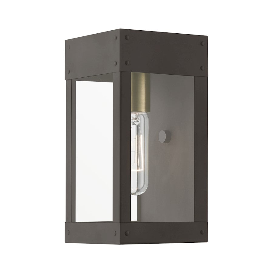 Livex Barrett 1 Light Outdoor 9.75" Wall Lantern, Bronze/Brass/Clear