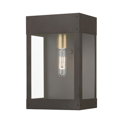 Livex Barrett 1 Light Outdoor 13" Wall Lantern, Bronze/Brass/Clear