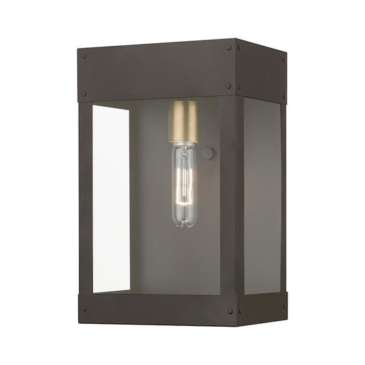 Livex Barrett 1 Light Outdoor 13" Wall Lantern, Bronze/Brass/Clear