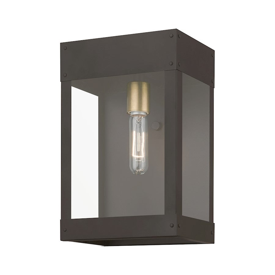 Livex Barrett 1 Light Outdoor 13" Wall Lantern, Bronze/Brass/Clear