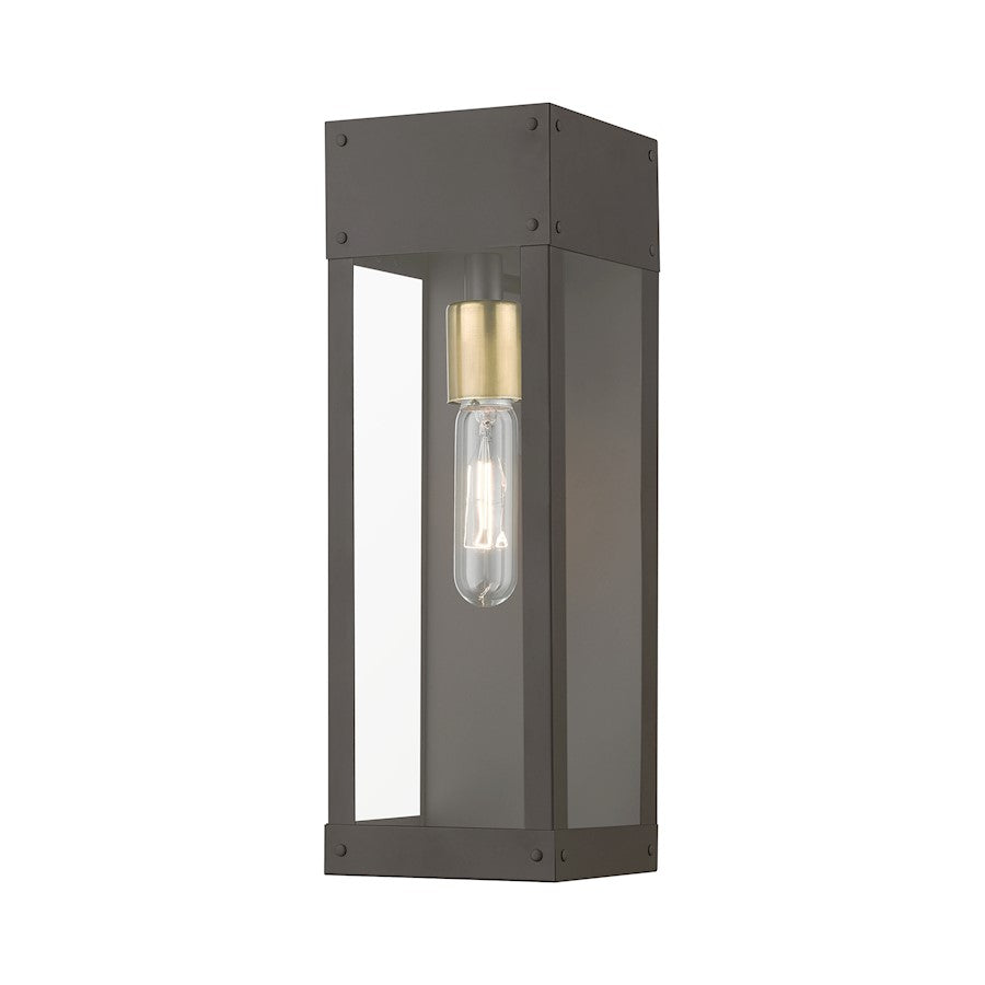 Livex Barrett 1 Light Outdoor 15" Wall Lantern, Bronze/Brass/Clear