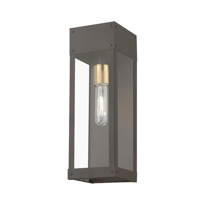 Livex Barrett 1 Light Outdoor 15" Wall Lantern, Bronze/Brass/Clear