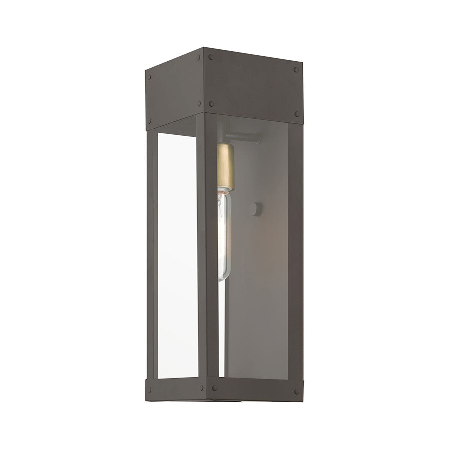 Livex Barrett 1 Light Outdoor 15" Wall Lantern, Bronze/Brass/Clear