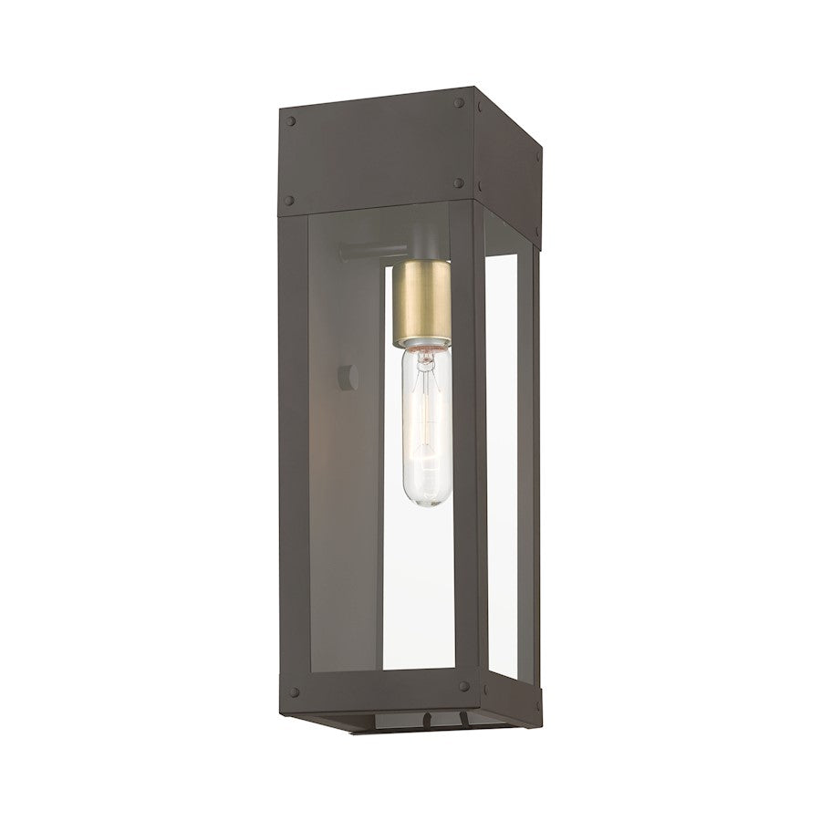 Livex Barrett 1 Light Outdoor 15" Wall Lantern, Bronze/Brass/Clear
