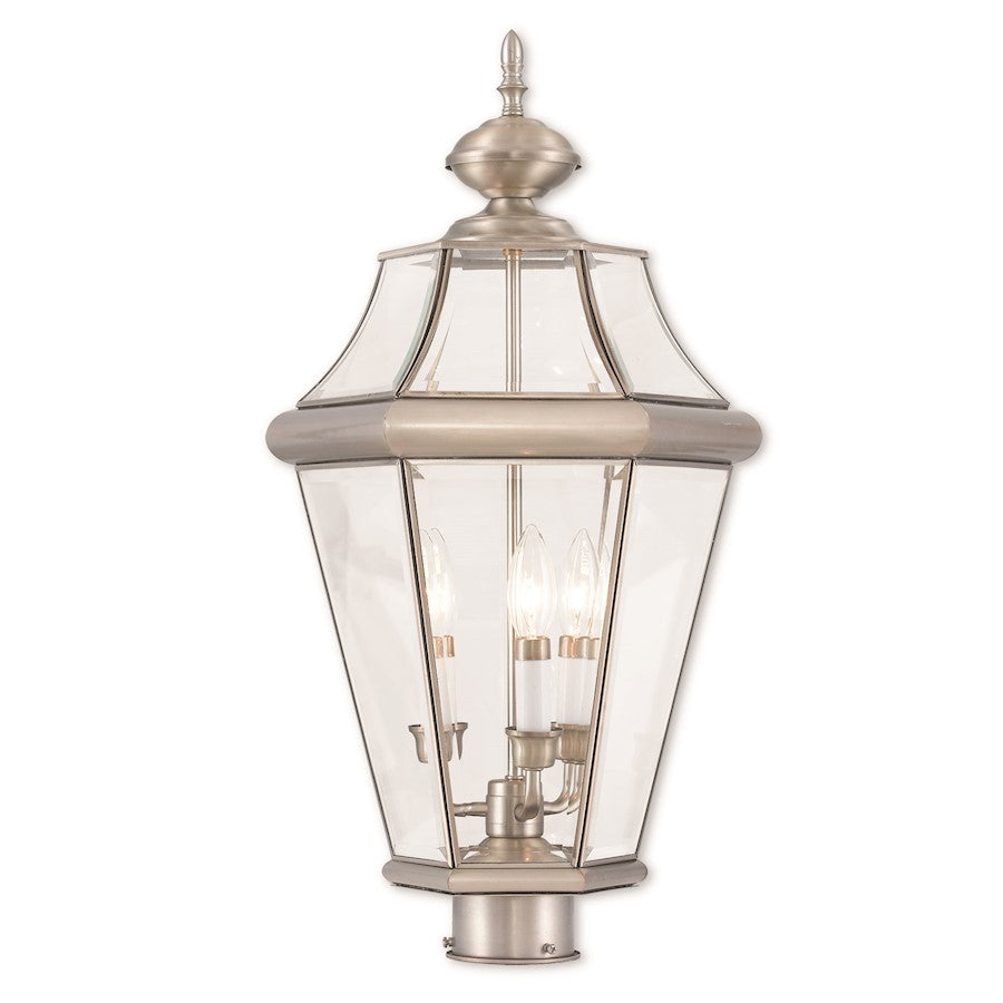 Livex Georgetown 3 Light Post Top Lantern, Nickel/Clear Beveled