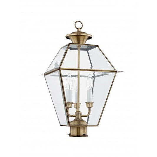 Livex Lighting Westover 22in 3-Light Outdoor Post Head | Traditional Antique Brass and Clear Beveled Glass | Driveway & Walkway | Model 2384-01