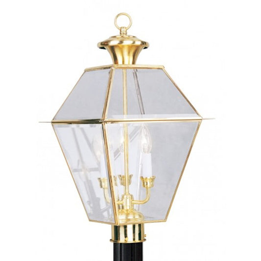 Livex Lighting Westover 22in 3-Light Outdoor Post Head | Traditional Polished Brass and Clear Beveled Glass | Driveway & Walkway | Model 2384-02