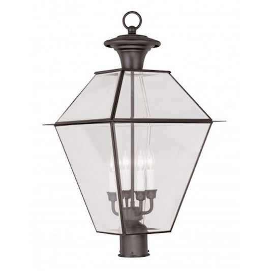 Livex Lighting Westover 26in 4-Light Outdoor Post Head | Traditional Bronze and Clear Beveled Glass | Driveway & Yard Post Light | Model 2388-07