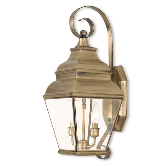 Livex Exeter 2 Light Outdoor Wall Lantern, Antique Brass/Beveled