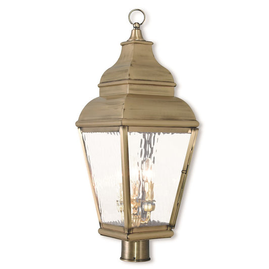 Livex Exeter 3 Light Outdoor Post Top Lantern, Brass/Clear Water