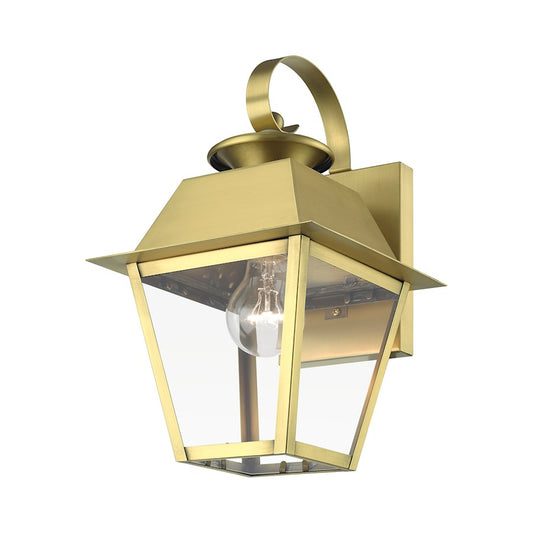 Livex Wentworth 1 Light Outdoor Small Wall Lantern, Brass/Clear