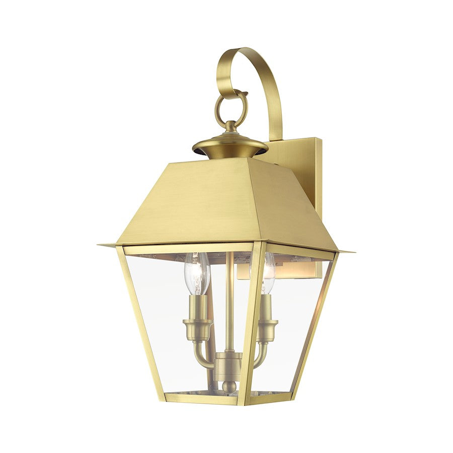 Livex Wentworth 2 Light Outdoor Medium Wall Lantern, Brass/Clear