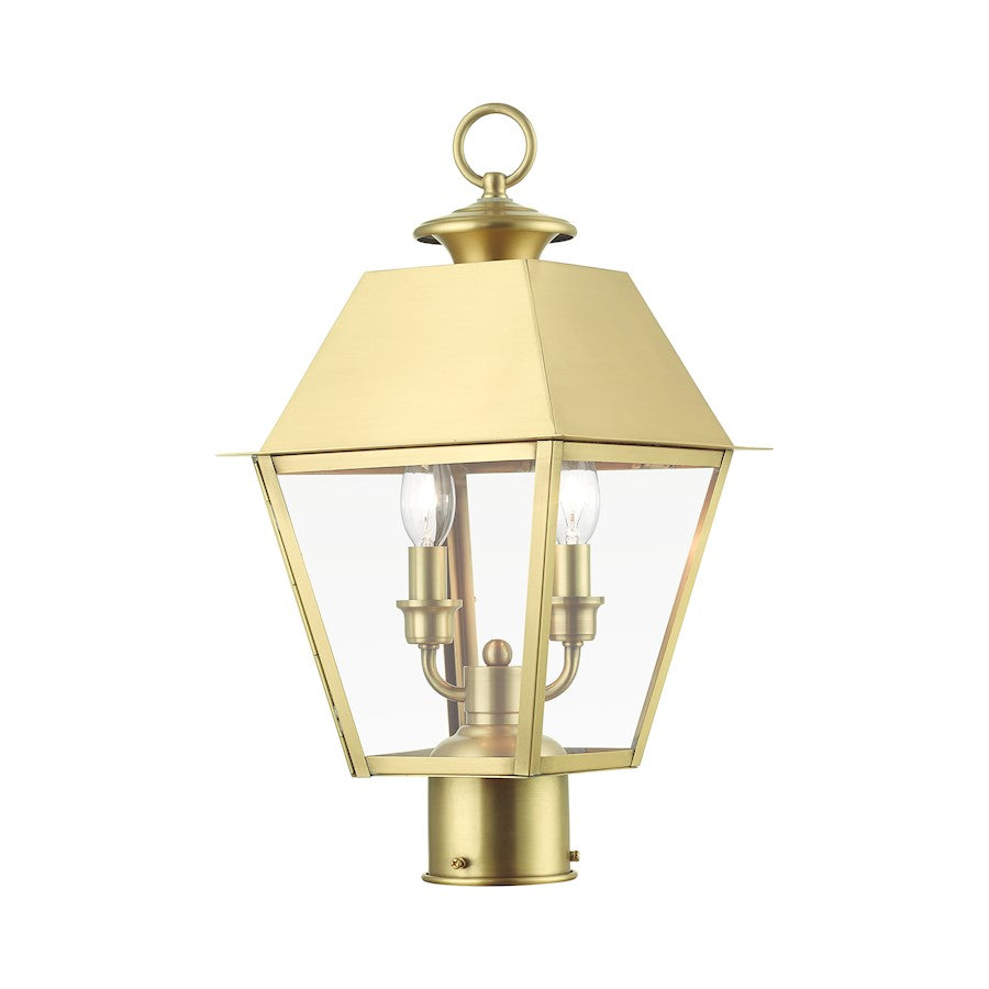 Livex Wentworth 2 Light Outdoor Medium Post Lantern, Brass/Clear
