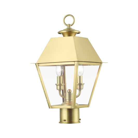 Livex Wentworth 2 Light Outdoor Medium Post Lantern, Brass/Clear