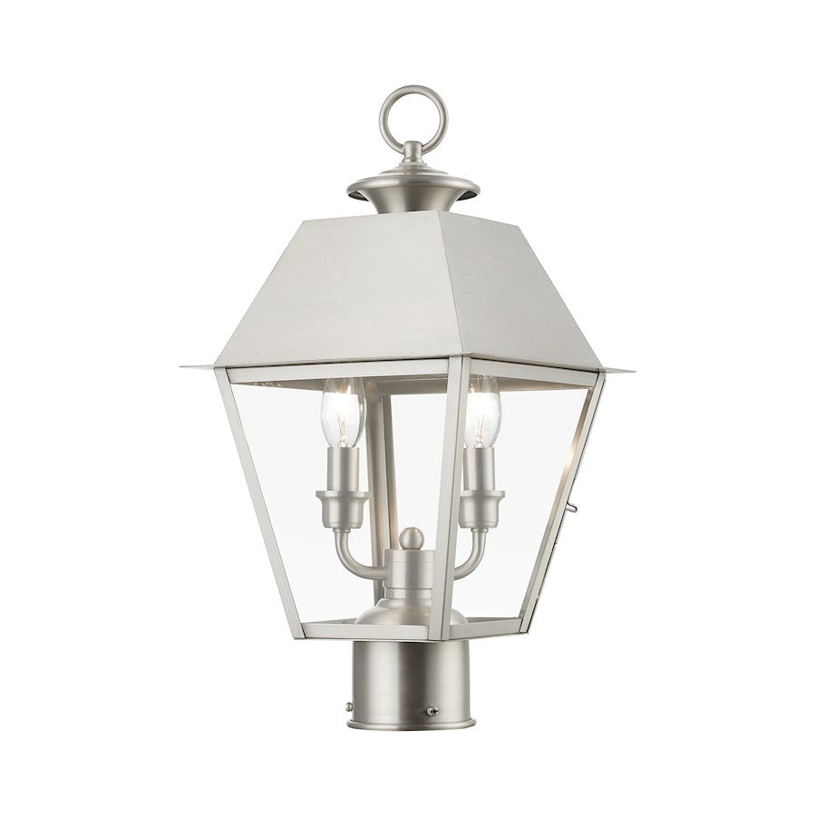 Livex Wentworth 2 Light Outdoor Medium Post Lantern, Nickel/Clear