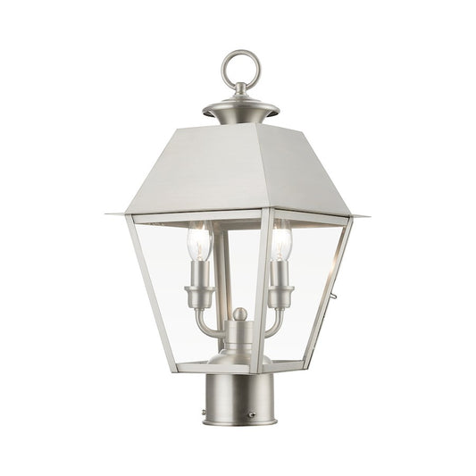 Livex Wentworth 2 Light Outdoor Medium Post Lantern, Nickel/Clear
