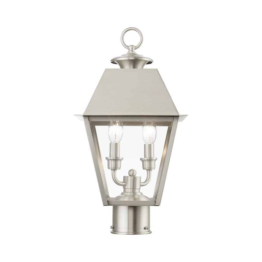 Livex Wentworth 2 Light Outdoor Medium Post Lantern, Nickel/Clear