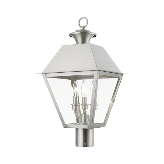Livex Wentworth 3 Light Outdoor Large Post Lantern, Nickel/Clear