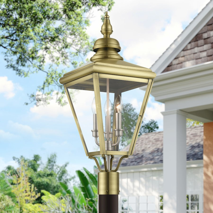 Livex Adams 3 Lt Outdoor Large Post Top Lantern, Brass/Nickel/Cluster