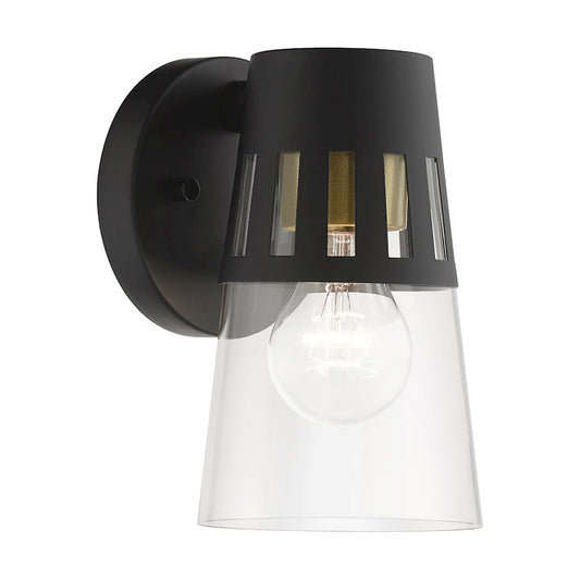 Livex Covington 1 Lt Outdoor Small Wall Lantern, Black/Gold/Clear